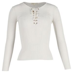 Maje Lace-Up Ribbed Stretch-Knit Sweater in White Viscose